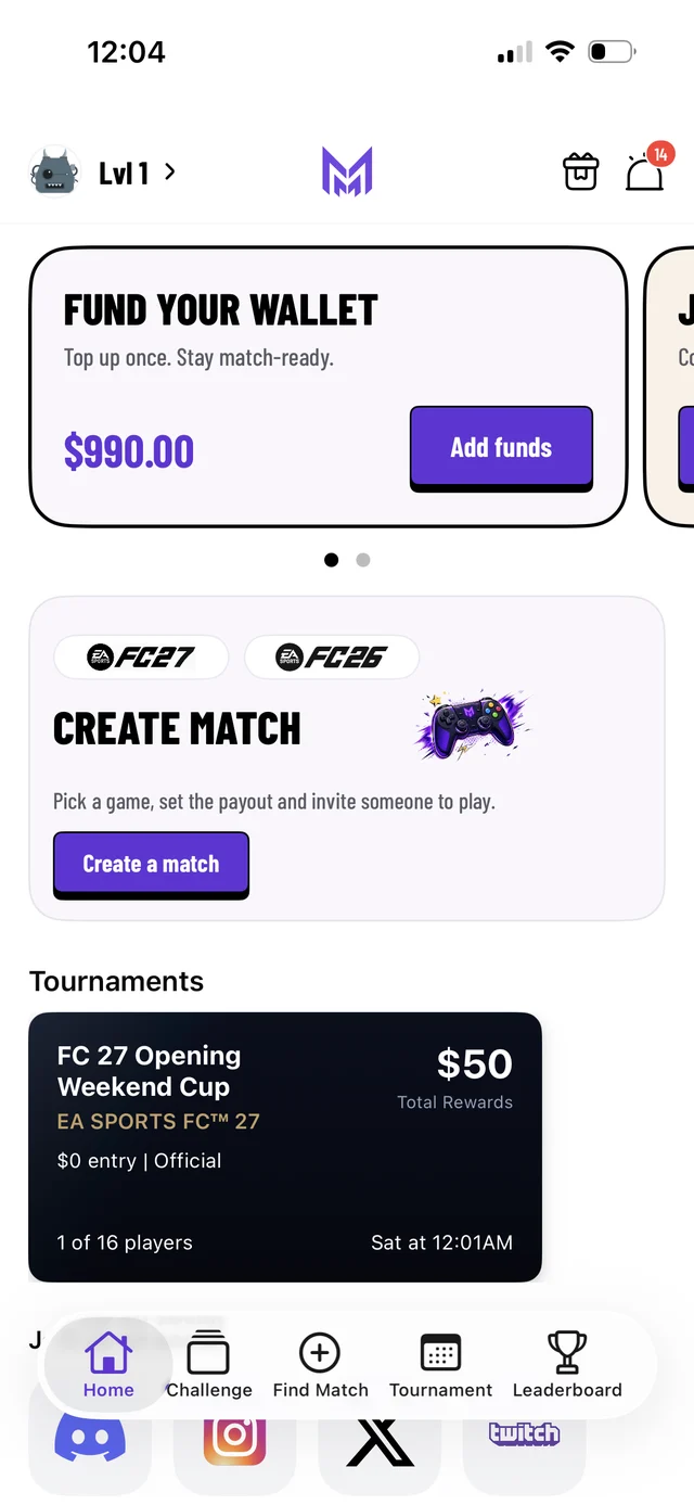 Middleman home screen with wallet balance, Create match and an FC 27 tournament