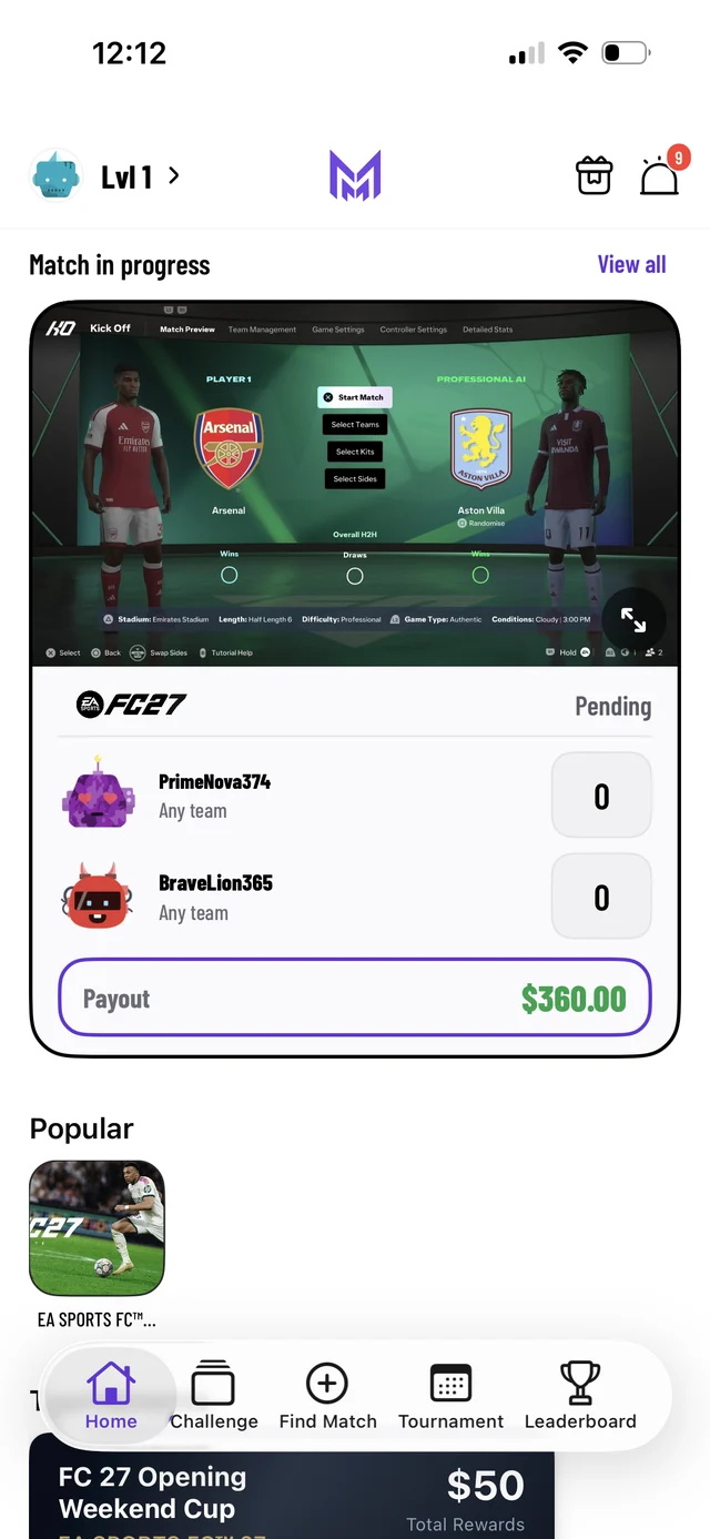 Match in progress: live stream of the game with both players' scores and a $360 payout