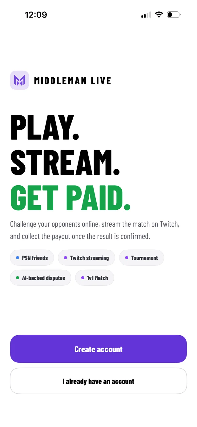 Middleman welcome screen: Play. Stream. Get paid.